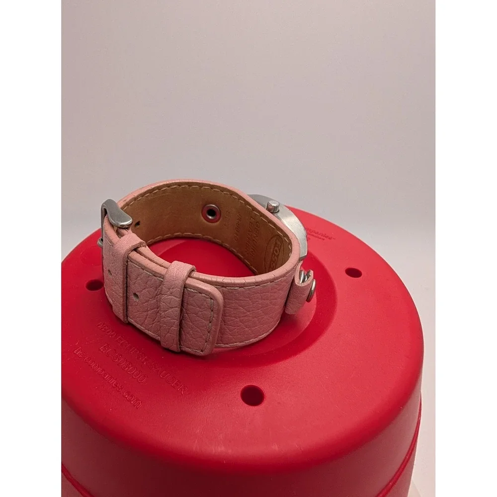 Fossil JR-8610 Pink Leather Cuff Watch Silver Rectangular NEW BATTERY